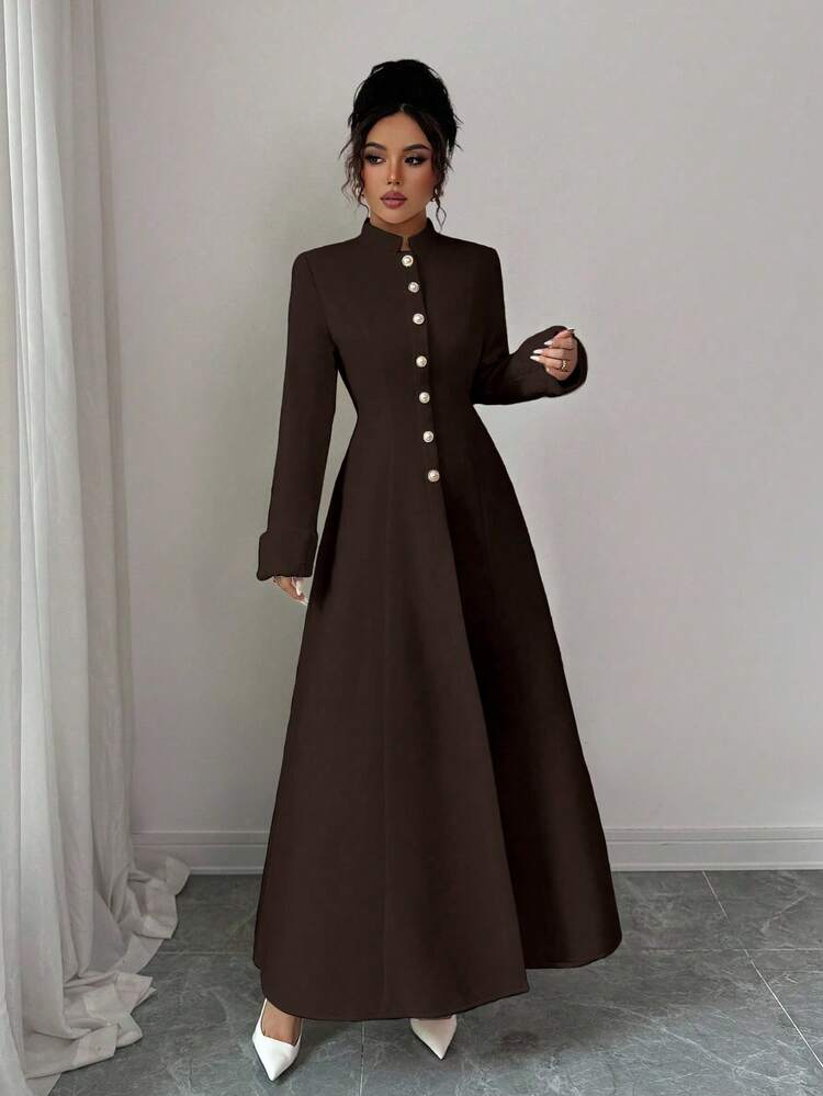 Elenzga New Women's Stand Collar Long Sleeve Faux Rabbit Fur Cuff Splice Double-Sided Woolen Fabric Open Front Design Waist A-Line Casual Daily Versatile Young Elegant Ladies Wool Long Coat, Autumn/Winter - Coffee Brown - View 3