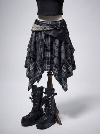 EDITION Grunge Star Tie-Dye Plaid Patchwork PU Fringe A-Line Mini Skirt
