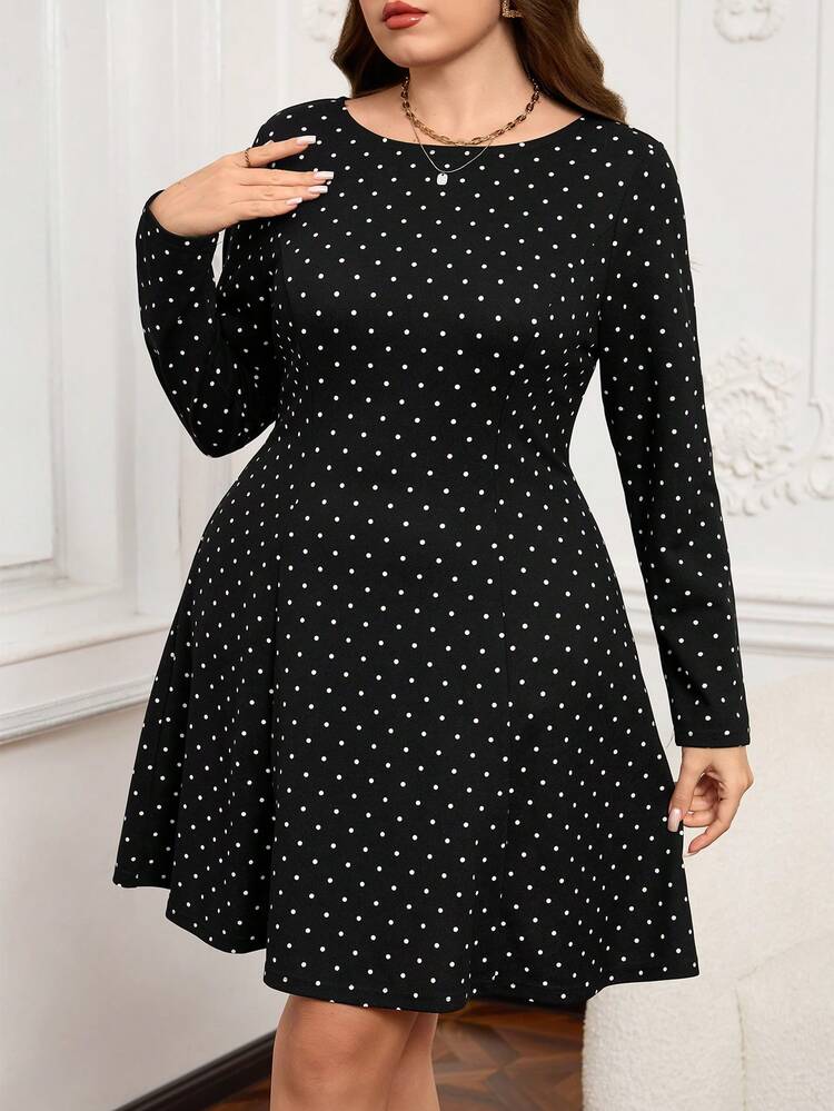 Plus Size Elegant Polka Dot Print Waist Cinched Midi Dress,Black And White Tea Party Autumn Winter Outfit For Women,Long Sleeve Casual Party Dresses