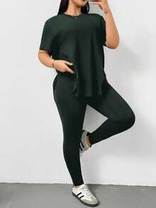 Shapeblank 大码女装春夏时尚休闲运动舒适百搭显瘦日常黑色短袖T恤和打底裤两件套，裤装套装，街头风，机场穿搭，夏季女装，外出穿搭，Y2K风格，极简风，女士教堂着装 - 軍綠色 - 查看 2
