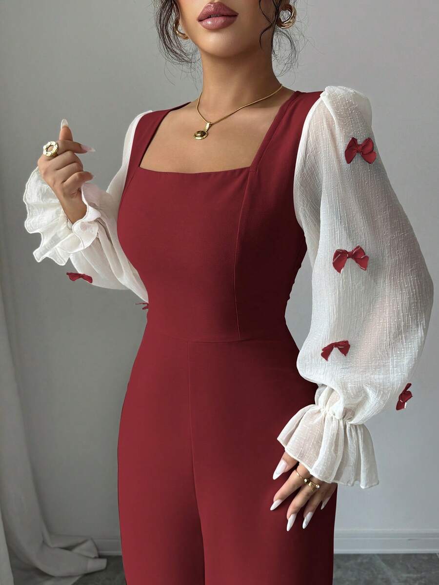 Modelyn 女士混色蝴蝶结针织连体裤 - 紅色 - 查看 1