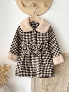 SHEIN 女婴6个月-3岁外套，两件套，优雅日常风，适合冬季穿着，抓绒领装饰长袖千鸟格外套及腰带 - 棕色 - 查看 3