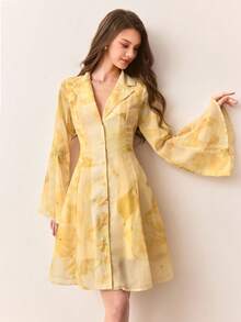 Aveloria Rosie Rosie Yellow Floral Print Chiffon Collared A-Line Short Dress