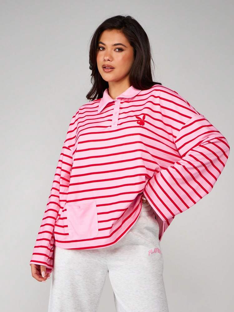 Missguided x Playboy Oversized Striped Rugby Polo Top With Centre Pocket Long Sleeve Collared Shirt Casual Relaxed Fit Preppy