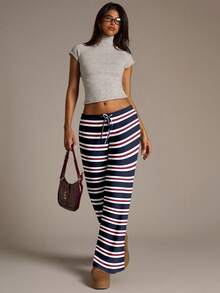 Aloruh Quần sọc xanh navy cạp siêu thấp dành cho nữ, phù hợp cho mùa thu/đông, trang phục hàng ngày đa năng, quần sọc - Màu Đỏ Sâu - Xem 3
