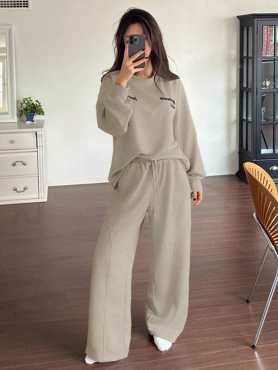 DAZY Women's Letter Print Decoration Loose Fit Sweatshirt Pajama Set, Autumn/Winter - Khaki - View 1