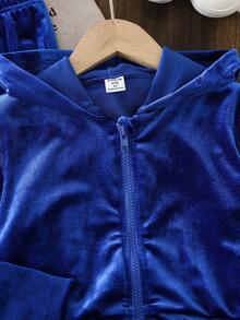 SHEIN 2pcs Young Girls Casual Solid Color Jacket & Pants Set - Blue - View 5
