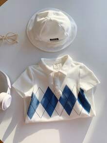 SHEIN 两件套包括连体衣和帽子，男婴可爱菱格纹翻领连体衣配帽子，适合生日派对、锐舞派对、晚宴、表演、婚礼、宝宝满月、洗礼、一周岁生日庆祝、婚礼宾客、迎婴派对等场合。 - 彩色 - 查看 6