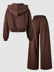 SHEIN ChillGRL Teen Girl Casual Contrast Trim Hooded Jacket And Wide Leg Pants Set, Autumn