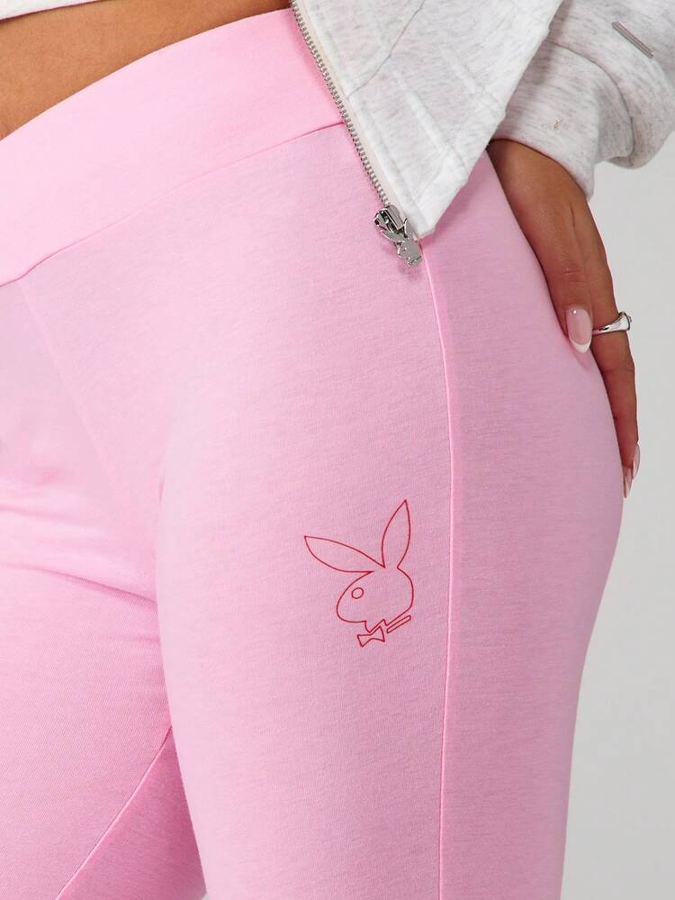 Missguided x Playboy High Rise Flare Leg Pants With Heart Print And Bunny Logo Detail Casual Wide Leg Trousers