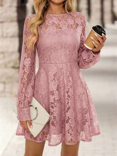 EMERY ROSE Women's Floral Lace Round Neck Long Sleeve Elegant Short Dress Pink Lace Dress Lace Dress Pink Long Sleeve Dress Elegant Dress