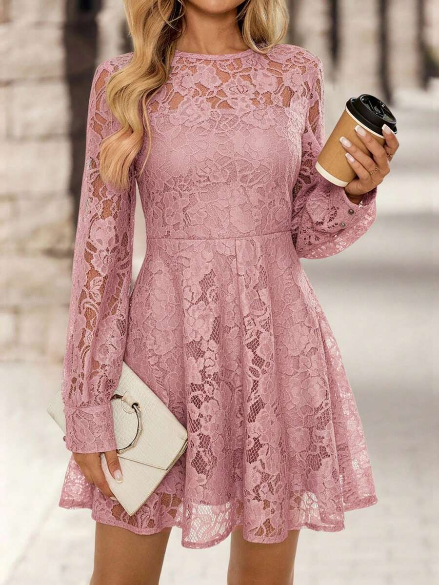 EMERY ROSE 女士花卉蕾丝圆领长袖优雅短裙 - 粉色 - 查看 1