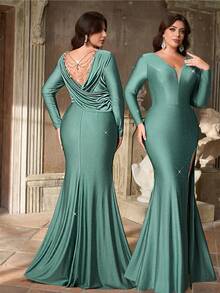 Aureia Plus-Size Autumn/Winter Green Stretch Rhinestone Knit Satin Dress With Pearl Embellishments On The Back, Featuring A Wide Neckline And Fishtail Silhouette. Elegant And Suitable For Evening Parties, Bachelorette Parties, Dates, Proms, Vacations, Weddings, And Other Events. High-End Evening Gown. - Black - View 2