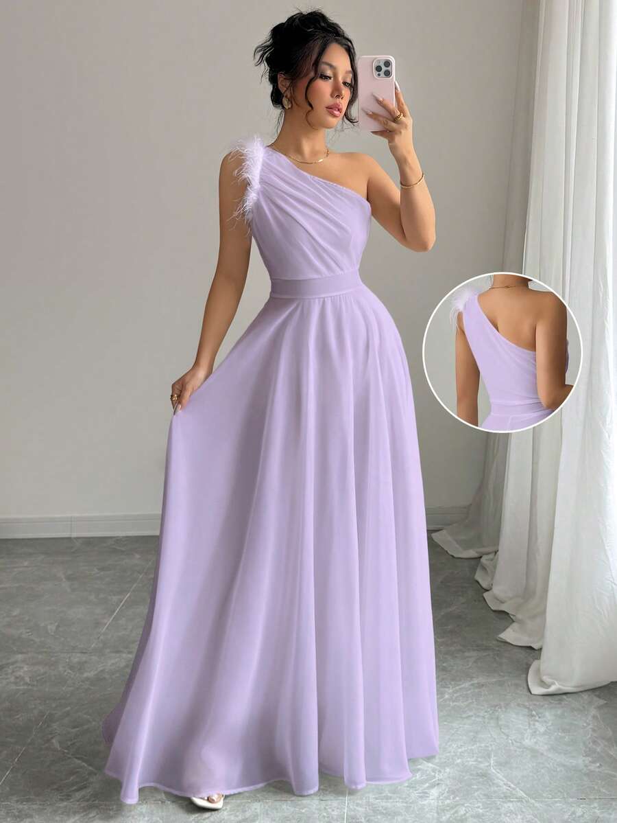 Modelyn Retro French Fairy Style One-Shoulder Dress - Purple - View 1