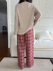 DAZY 卡通印花T恤上衣和格子宽松睡裤两件套女式睡衣套装 - 白色 - 查看 2