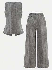 SHEIN Tween Girl Casual Elegant Commute Street Chic Jacquard Striped Button Front Sleeveless Top And Straight Leg Pants Set - Light Grey - View 5