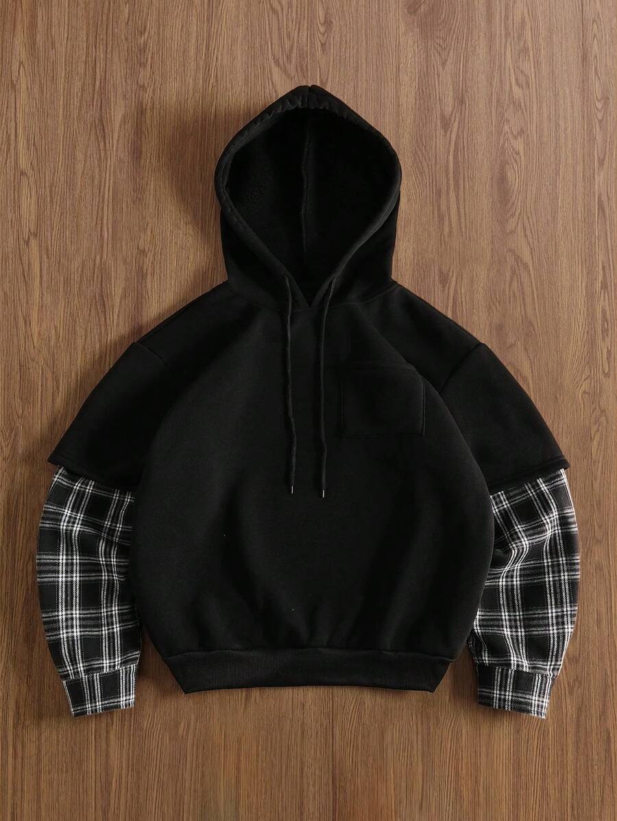 Manfinity Hypemode Men's Casual Loose Plaid Contrast Sleeve Drop Shoulder Drawstring Hoodie, Long Sleeve, Going Out,Graphic, Color Block, For Fall - Black - View 1