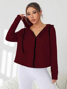 SHEIN Sports 女士纯色长袖网眼拼接拉链连帽运动夹克 - 酒紅色 - 查看 3