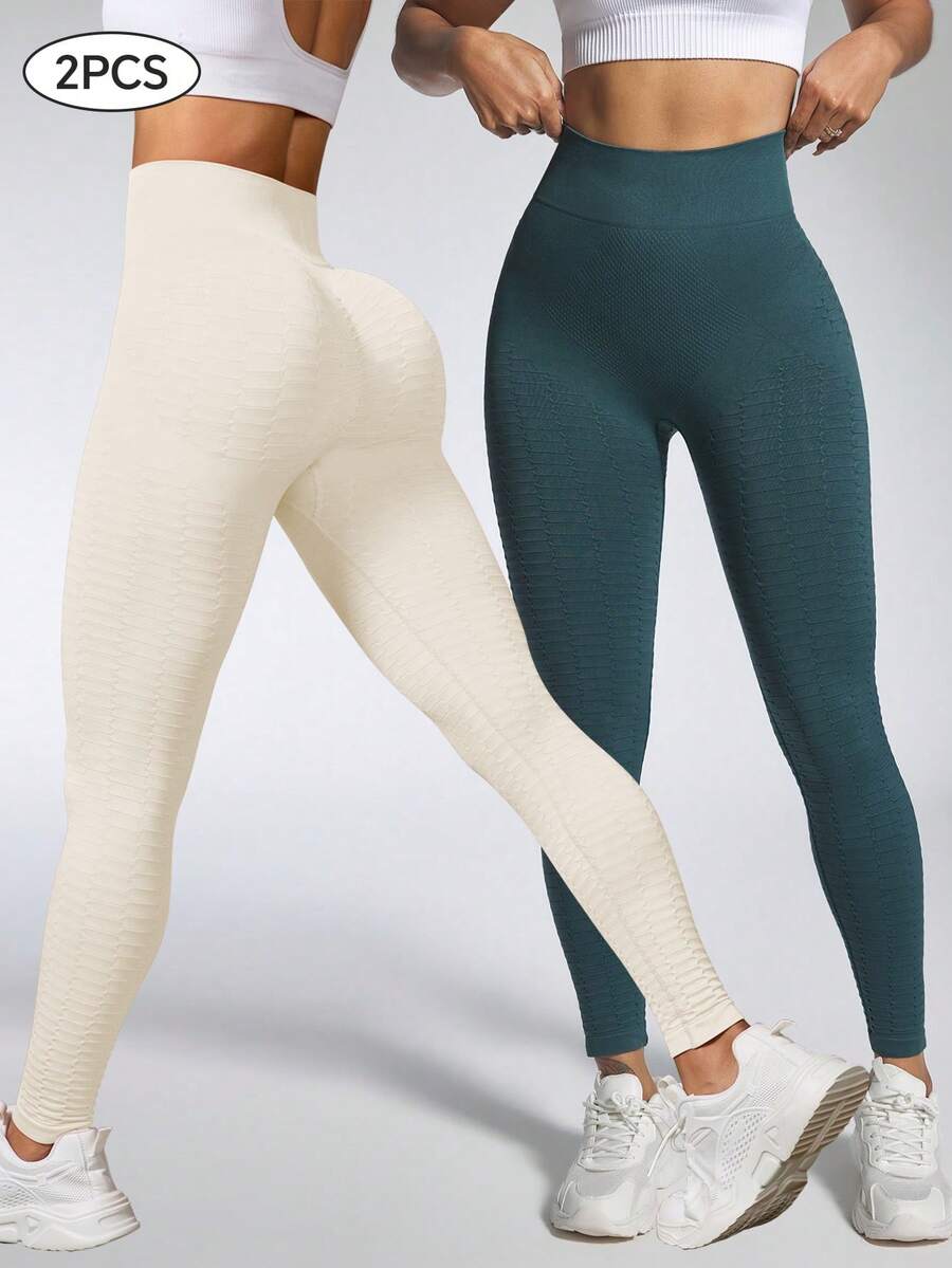 SHEIN Velisys Bộ 2 quần tập yoga cạp cao họa tiết, quần legging chạy bộ và tập luyện - Nhiều màu - Xem 1