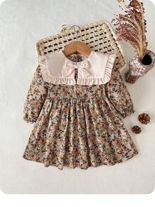 Baby Girls Elegant Floral Print Color Block Bowknot Dress - Multicolor - View 3