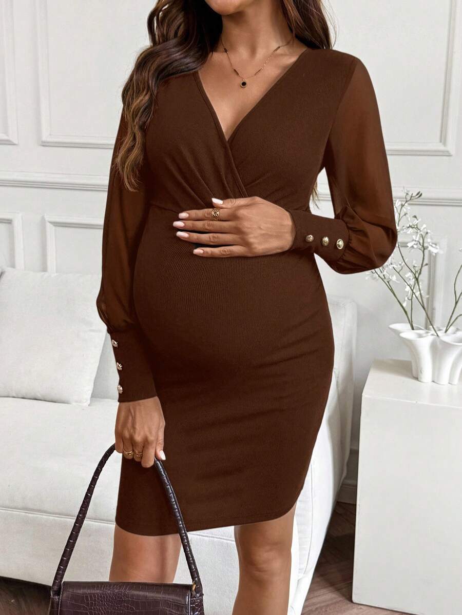 SHEIN Elegant Solid Color Fitted Maternity Dress For Commuting - Brown - View 1