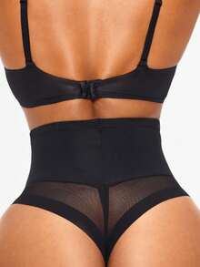 SHAPORA Shaping High-Waisted Mesh Thong, Body Shaper Butt Lifter-Tummy Waist Control Panty - Black - View 1