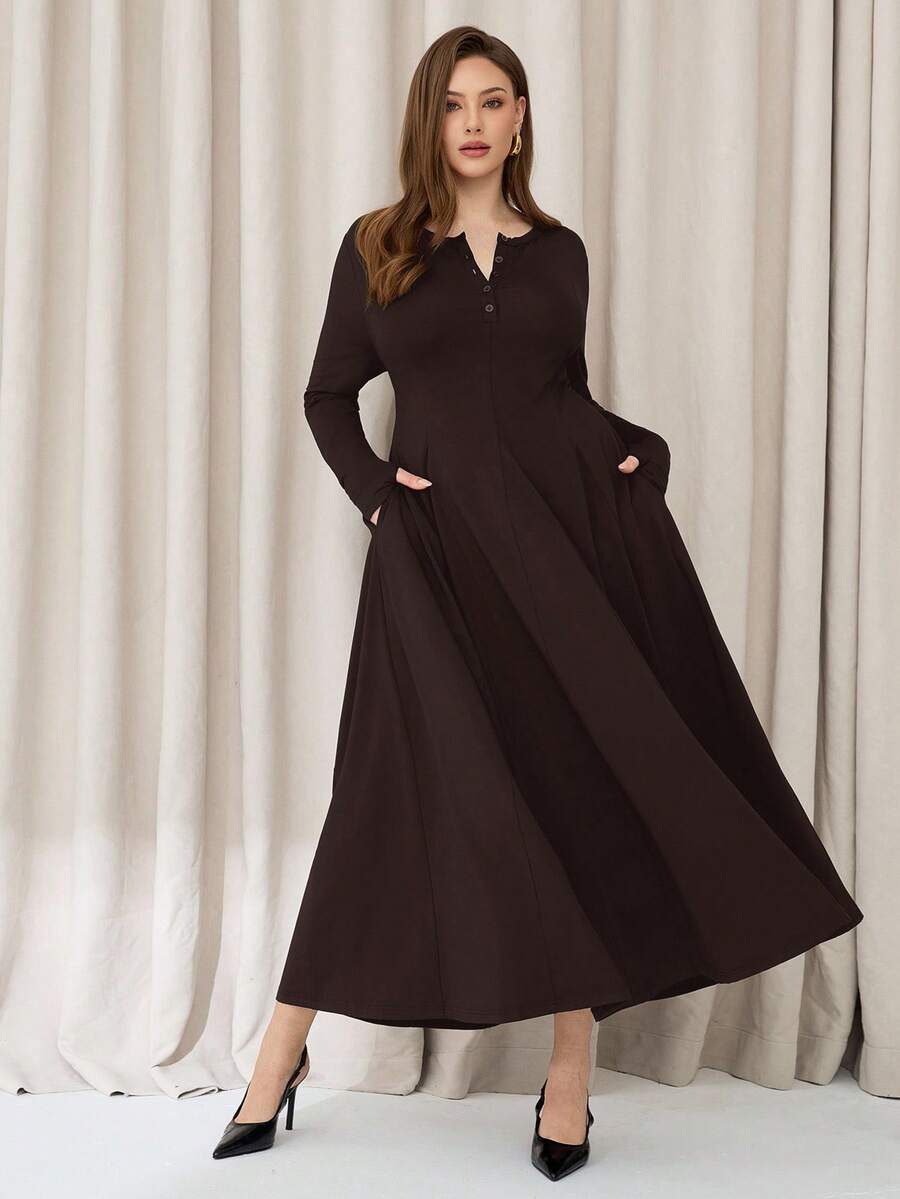 Auralis Quần áo mùa thu cỡ lớn cho nữ, Váy dài, Váy cỡ lớn cho nữ, Váy dài và ấm, Quần áo mùa thu cho nữ, Váy túi, Váy ô cỡ lớn, Váy đen, Váy thường ngày cho nữ - Cà phê nâu - Xem 1