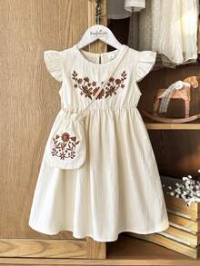 SHEIN Vintaside Kids Young Girl Round Neck Botanical Floral Embroidery Ruffle Cap Sleeve Casual Dress,Blue Butterfly,Summer,Matching,Family Vacation,Vintage Cotton Ivory - Apricot - View 1