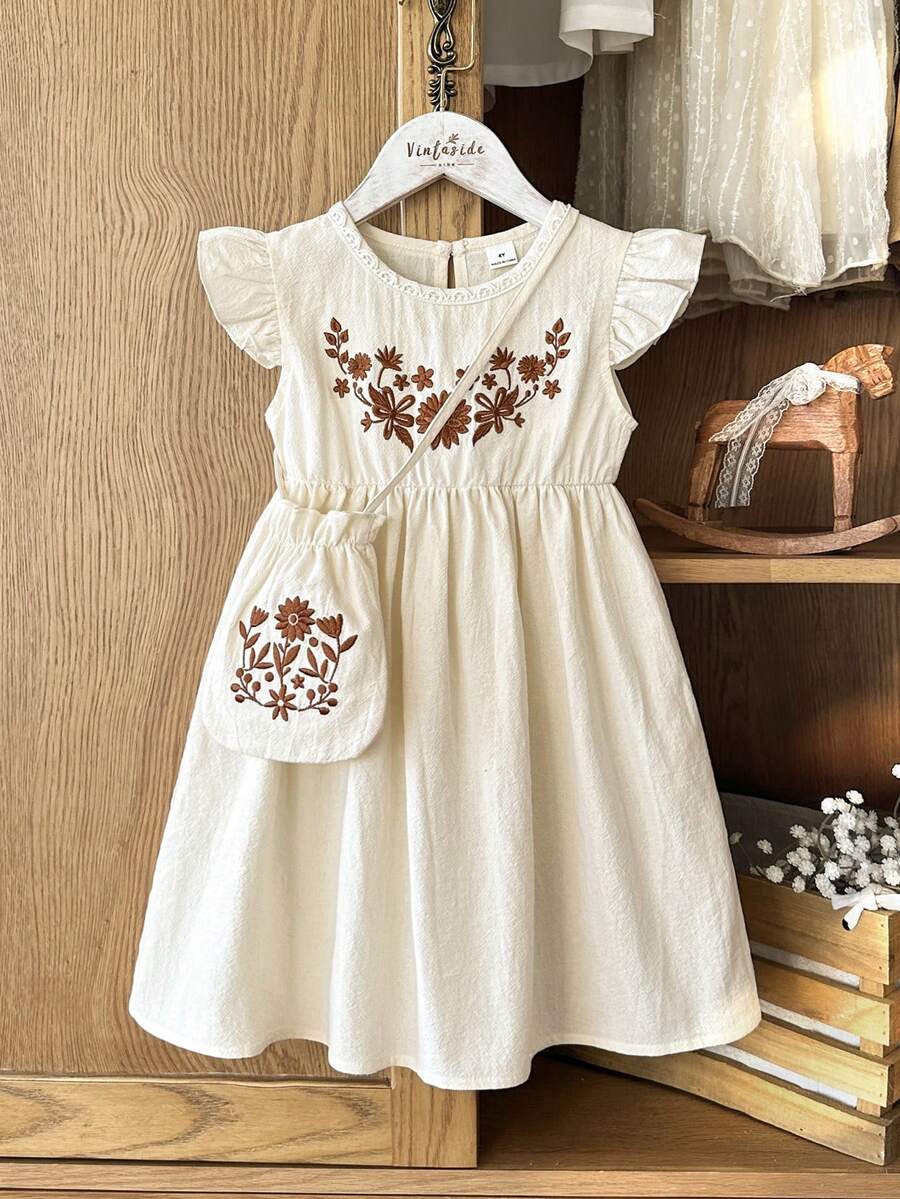 SHEIN Vintaside Kids Young Girl Round Neck Botanical Floral Embroidery Ruffle Cap Sleeve Casual Dress,Blue Butterfly,Summer,Matching,Family Vacation,Vintage Cotton Ivory - Apricot - View 1