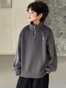 Dazy Kids Sudadera casual con cuello vuelto de forro polar para niños preadolescentes, con patrón bordado simple, para otoño - Gris Oscuro - Ver 5