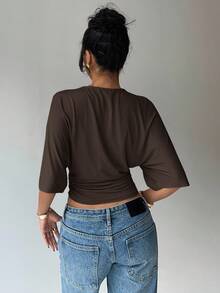 SHEIN PETITE CURVE Plus Size Women Solid Color Pleated Fashionable Versatile Mid-Sleeve T-Shirt