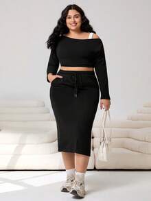 Solflare Plus Size Women's Black Casual Drawstring Waist Side Pocket Straight A-Line Skirt Fall - Black - View 5