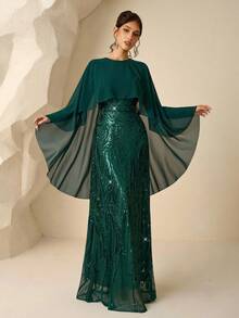 Coutiva Váy dài tay đính sequin thanh lịch, váy dạ hội cao cấp cho tiệc tối - Màu xanh lá cây đậm - Xem 4