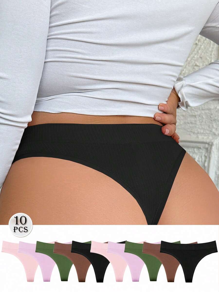 10pcs/Set Women Plus Size Seamless Solid Colored Thong Underwear - Multicolor - View 1