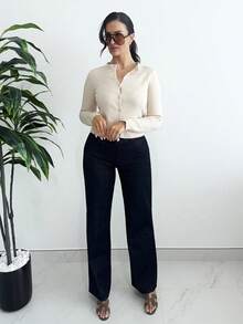 MDEdit Women's Solid Color Round Neck Long Sleeve Single-Breasted Casual Knitted Cardigan, Urban Commute Business Casual Wear, Office Attire Fall Sweaters Fall Clothes For Women  Business Casual Woman Office Outfits For Women Sweaters Chic Autumn,Women's Winter Sweater Fall Clothes For Women - Apricot - View 3