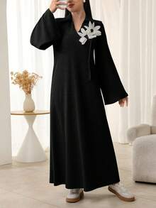 Al Najma 女士灰色花卉印花长袖翻领优雅阿拉伯连衣裙 - 黑色 - 查看 6