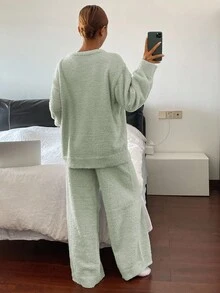 DAZY 2pcs Ice Cream Print Fleece Knit Loose Pajama Set For Women, Autumn/Winter - Mint Green - View 2