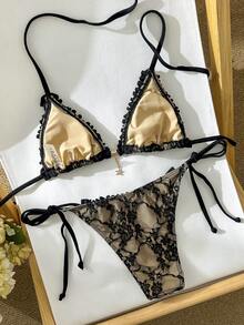 Swim Mod Women's Jacquard Fabric Halter Neck Floral Trim Bikini Set, Spring/Summer - Black - View 5