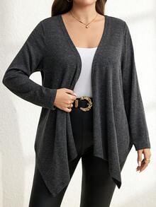 SHEIN LUNE 大码女式感恩节秋冬休闲百搭灰色开领外套，适合身材丰满的女士；秋冬圣诞节女式手帕下摆开襟外套；秋冬新年女式柔软舒适保暖深灰色羊毛大衣。 - 灰色 - 查看 4