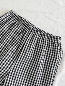 SHEIN 女高中生格子领长袖上衣搭配格子裤套装，时尚百搭，适合日常出行、购物和休闲穿着，春秋季款 - 黑與白 - 查看 5