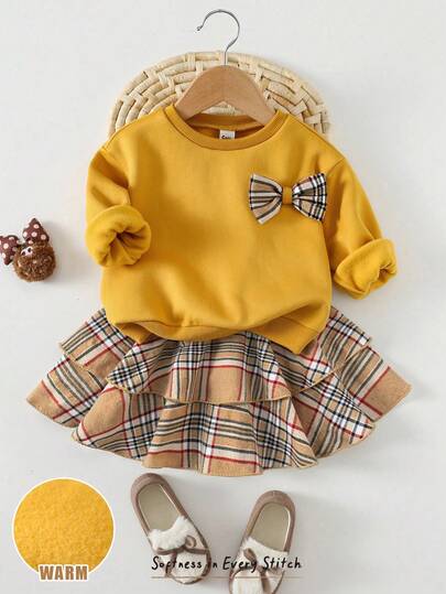 Cozy Pixies 2pcs/Set Baby Girl Clothes - Bow Decor Crew Neck Long Sleeve Sweatshirt & Plaid Elastic Waist Skirt, Comfortable, Versatile, Fashionable, Casual, Elegant, Suitable For Indoor, Outdoor, Daily, School, Sports, Party, Festival, Halloween, Christmas, Valentine's Day And More Occasions