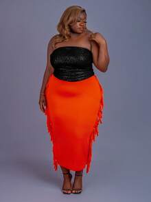 CurvyTilda 大码女式纯色高腰流苏设计优雅铅笔裙 - 橘色 - 查看 6