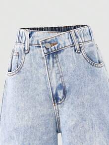 SHEIN Jeans à jambes larges avec décoration de strass en croix, mode pour préadolescentes. Jeans à taille haute, boutons devant, poches multiples, coupe minimaliste taille mi-haute jambes larges. Portables au quotidien de manière décontractée. - Jean clair - Voir 6