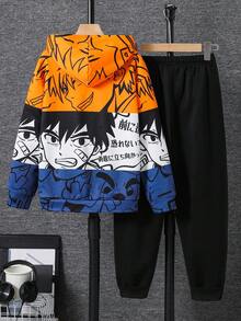SHEIN Bộ đồ hoodie và quần nỉ in họa tiết hoạt hình đường phố dành cho bé trai tuổi teen, thích hợp mặc đi làm, đi học, mặc thường ngày, thể thao, mùa thu/đông, quần áo anime cho bé trai, bộ đồ thể thao anime cho bé trai, áo hoodie và quần nỉ 2 món cho bé trai tuổi teen, bộ hoodie và quần nỉ anime, thời trang đường phố - màu đen - Xem 3