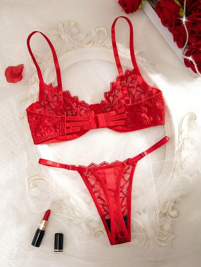 Women Kanten Splice Doorschijnende Underwire BH Plaid Panties Lingerie Set Bridallingerie view 2