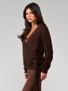 MISSGUIDED Cárdigan envolvente de punto acogedor con detalle de corbata, cuello en V, manga larga, suéter de otoño e invierno - Marrón Chocolate - Ver 3