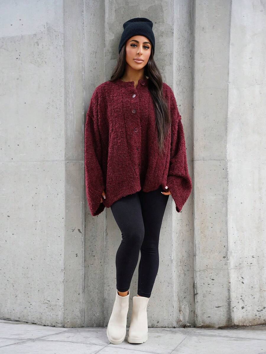 SAYEHFBABY Cardigan tricotat supradimensionat, cu umeri căzuți, cu nasturi, toamnă, drăguț, ținută stradală, festival, stil rustic, vintage, toamnă, Crăciun, serviciu, birou, seară, petrecere, elegant - Burgundia - Vizualizare 1