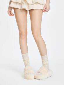 ROMWE Kawaii 2025 New Women's Winter Thick Sole High Heel Fluffy Slippers, Outdoor Wear Autumn New Fairy Style Petite Slouchy Elevator Platform Slippers, Indoor Office Slippers, Size 34-42 - Beige - View 2