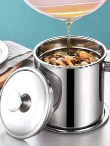 1.4升不锈钢可重复使用滤油壶，带细网滤网 - 专业厨房油脂过滤器，适用于煎炸、烹饪、生物燃料 - 易倾倒壶嘴和舒适手柄，可放入洗碗机清洗