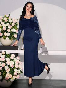 Modelyn 女士蕾丝拼接不对称袖长连衣裙 - 藏蓝色 - 查看 5